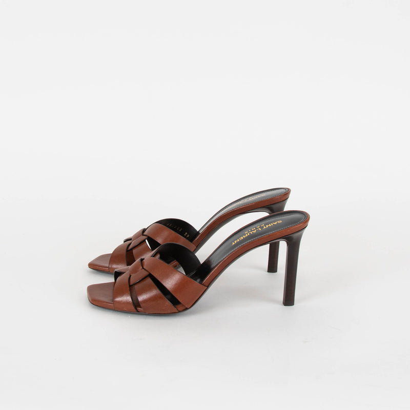 Saint Laurent Brown Leather Tribute Slide Heeled Sandals