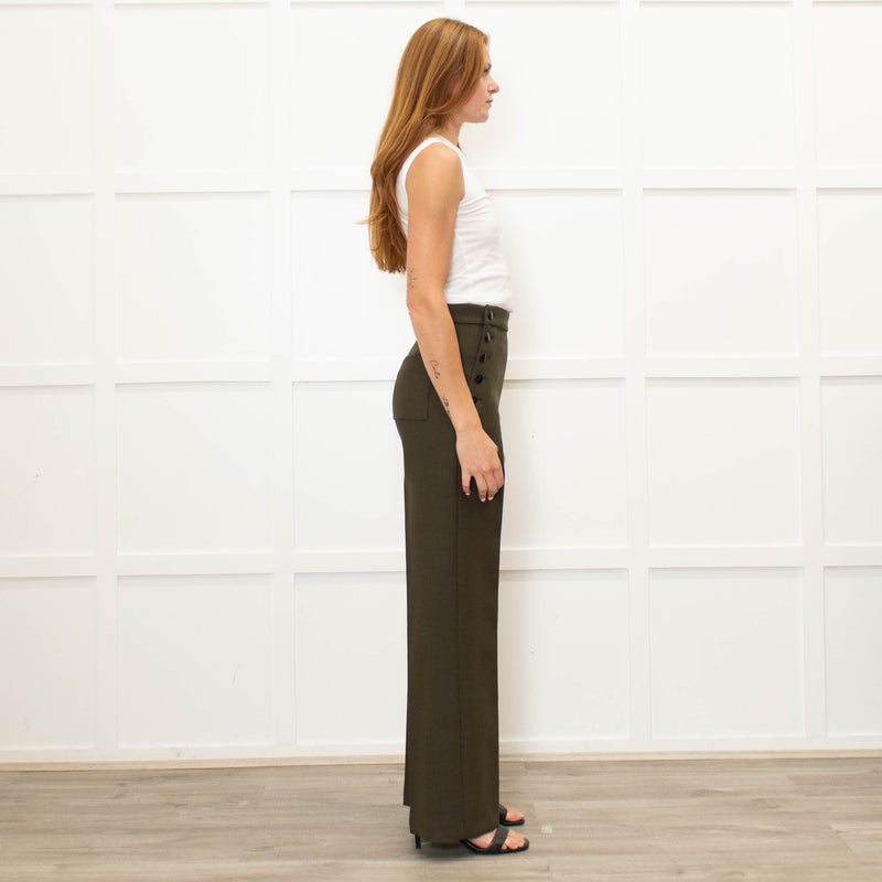 Sezane Green Wide Leg Trousers With Front Buttons
