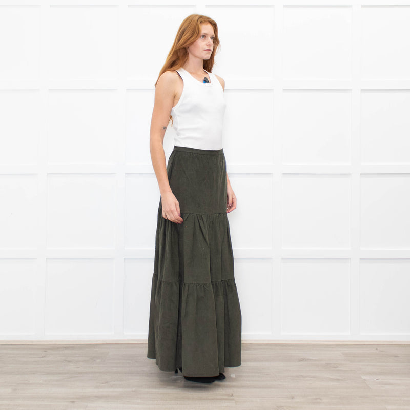 Ridley Khaki Corduroy Tiered Midi Skirt