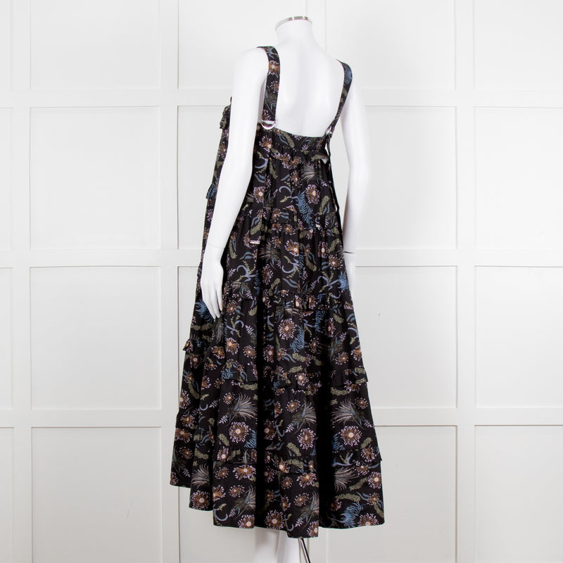 Magali Pascal Black Purple Floral Cotton Tiered Sleeveless Long Dress