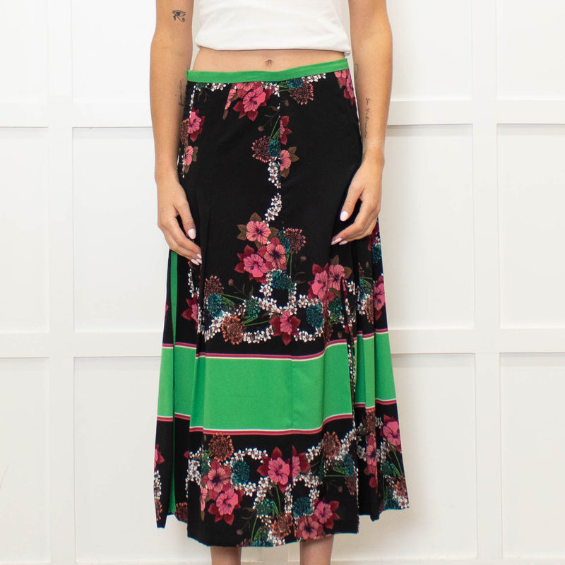 Sandro Black Pleated Floral Midi Skirt