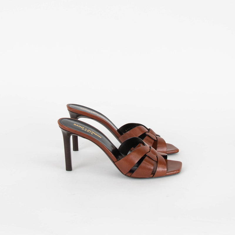 Saint Laurent Brown Leather Tribute Slide Heeled Sandals