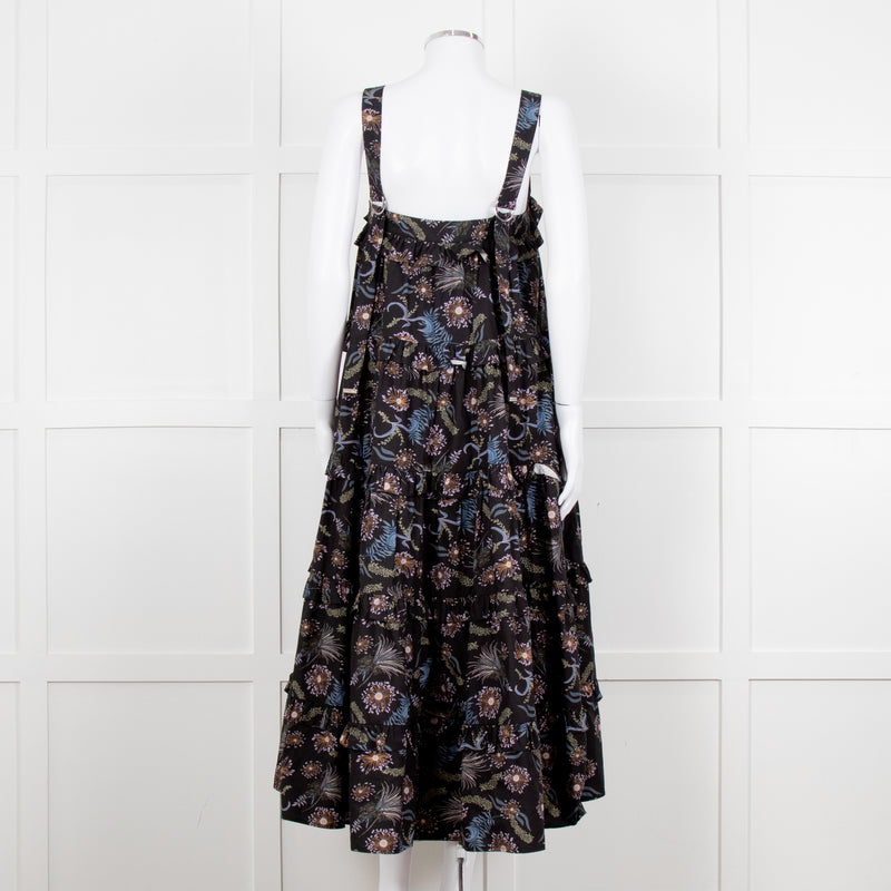 Magali Pascal Black Purple Floral Cotton Tiered Sleeveless Long Dress