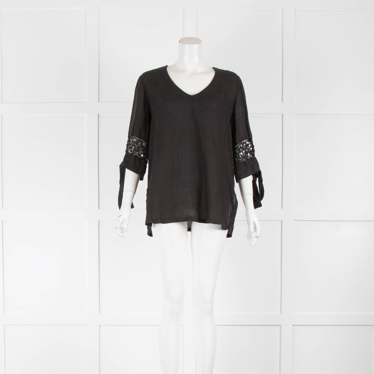 120% Lino Black Linen Sequin Sleeve Tunic Top