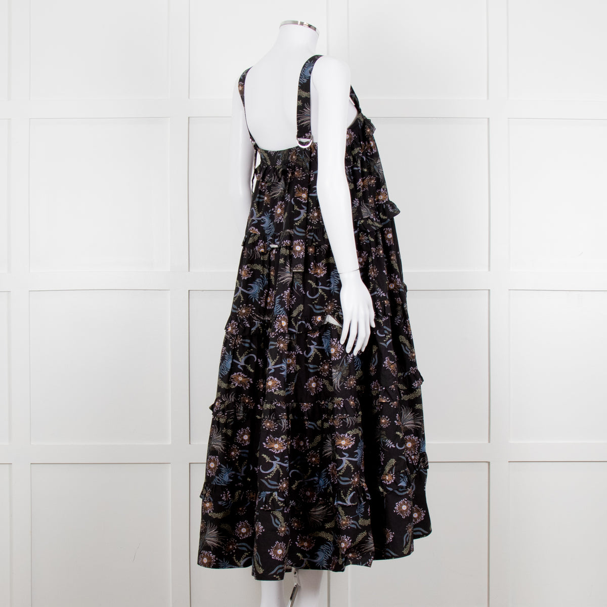 Magali Pascal Black Purple Floral Cotton Tiered Sleeveless Long Dress