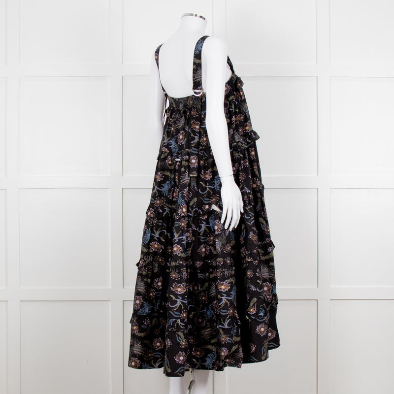 Magali Pascal Black Purple Floral Cotton Tiered Sleeveless Long Dress