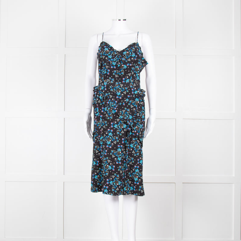 Altuzarra Black Blue Floral Frill Detail Sleeveless Dress