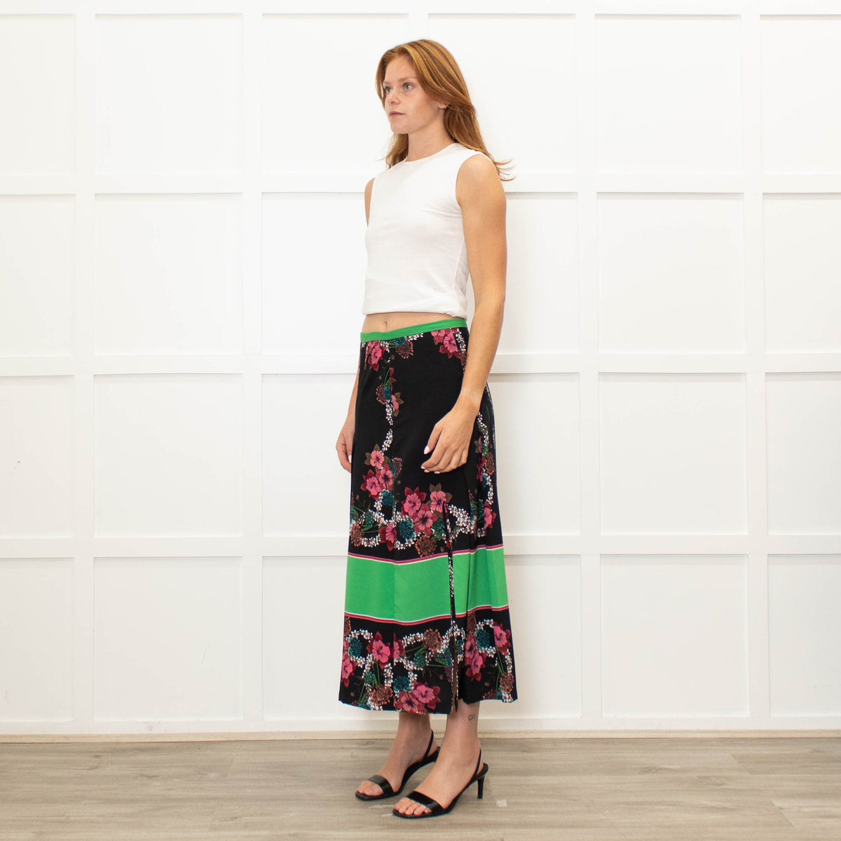Sandro Black Pleated Floral Midi Skirt