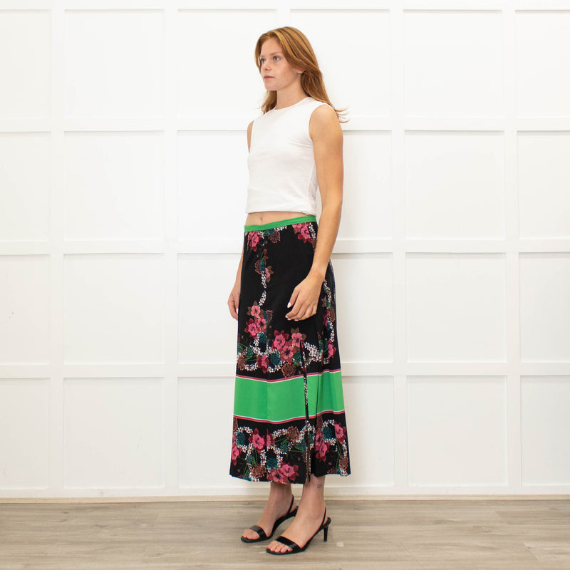 Sandro Black Pleated Floral Midi Skirt