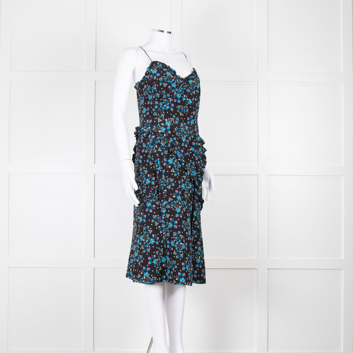 Altuzarra Black Blue Floral Frill Detail Sleeveless Dress