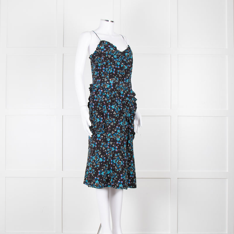 Altuzarra Black Blue Floral Frill Detail Sleeveless Dress