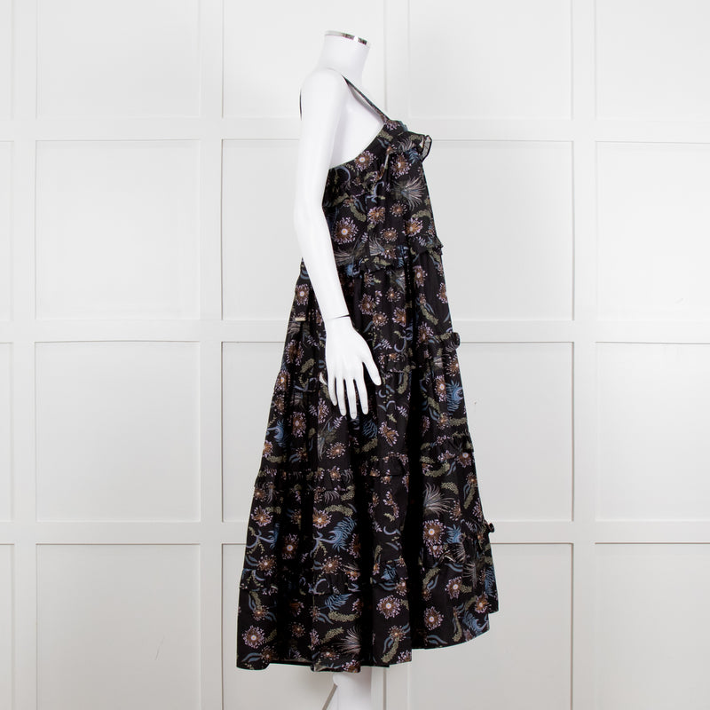 Magali Pascal Black Purple Floral Cotton Tiered Sleeveless Long Dress
