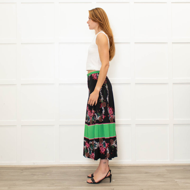 Sandro Black Pleated Floral Midi Skirt