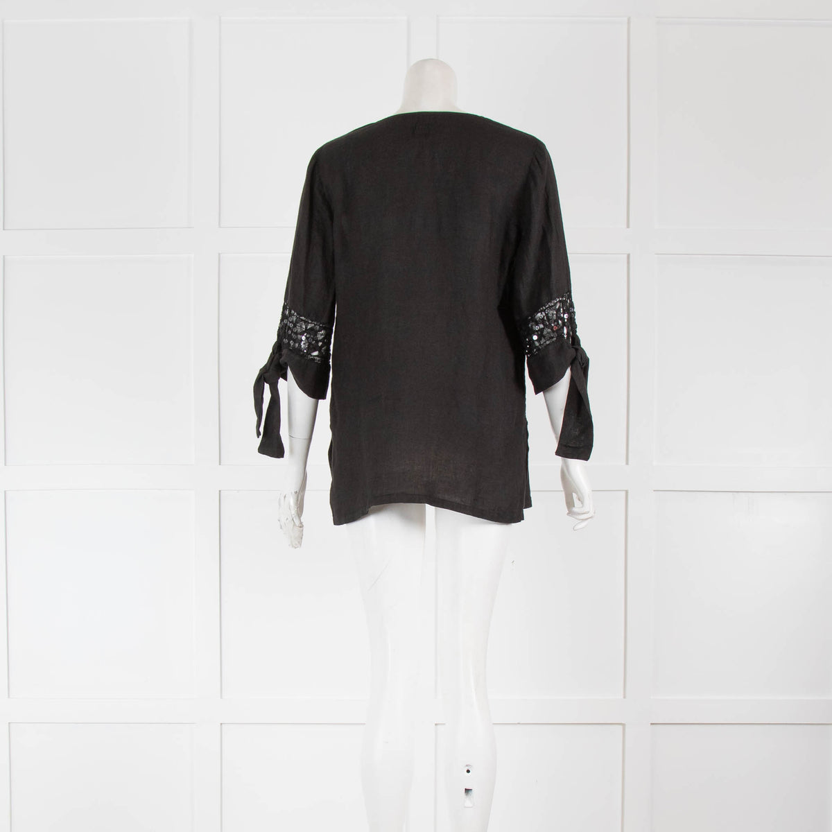 120% Lino Black Linen Sequin Sleeve Tunic Top