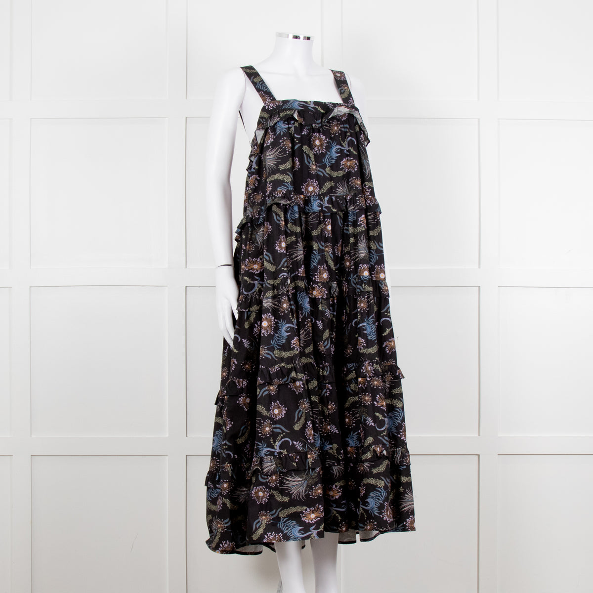 Magali Pascal Black Purple Floral Cotton Tiered Sleeveless Long Dress