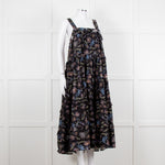 Magali Pascal Black Purple Floral Cotton Tiered Sleeveless Long Dress