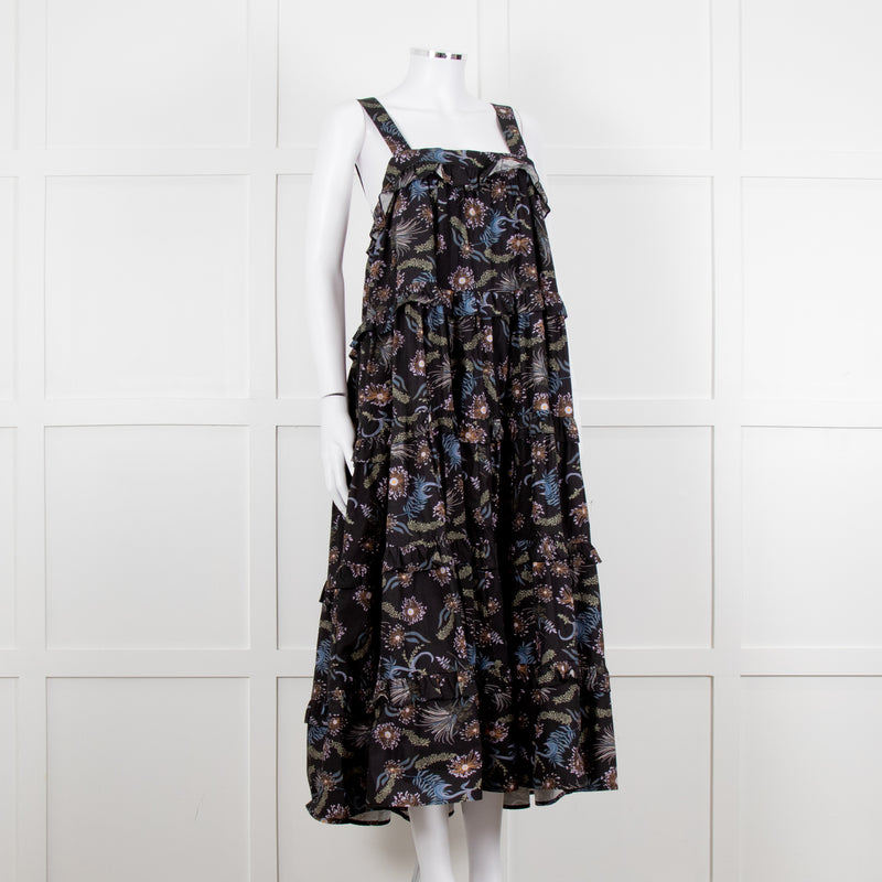 Magali Pascal Black Purple Floral Cotton Tiered Sleeveless Long Dress
