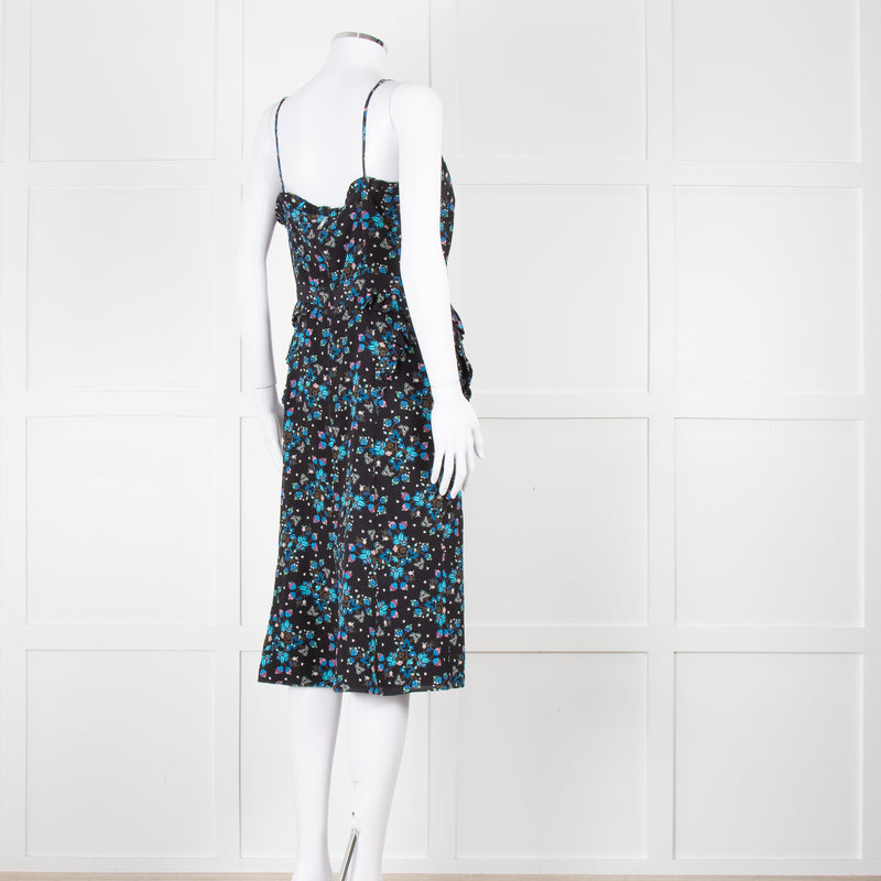 Altuzarra Black Blue Floral Frill Detail Sleeveless Dress