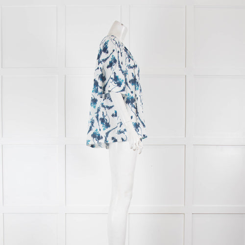 120% Lino White Linen Top with Blue Flowers