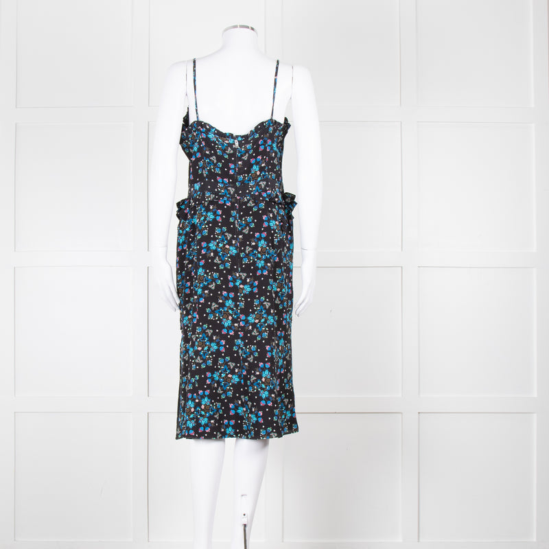Altuzarra Black Blue Floral Frill Detail Sleeveless Dress
