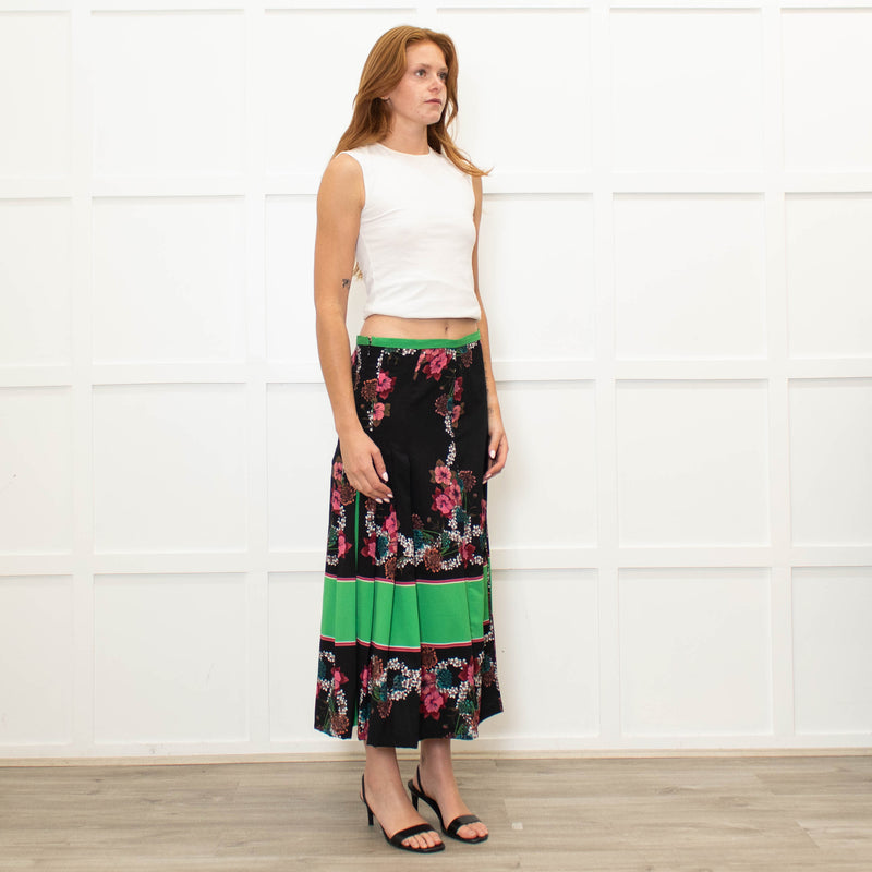 Sandro Black Pleated Floral Midi Skirt