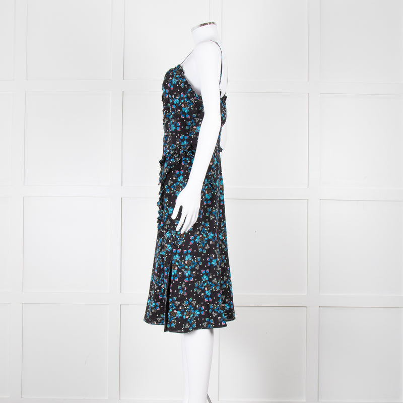 Altuzarra Black Blue Floral Frill Detail Sleeveless Dress
