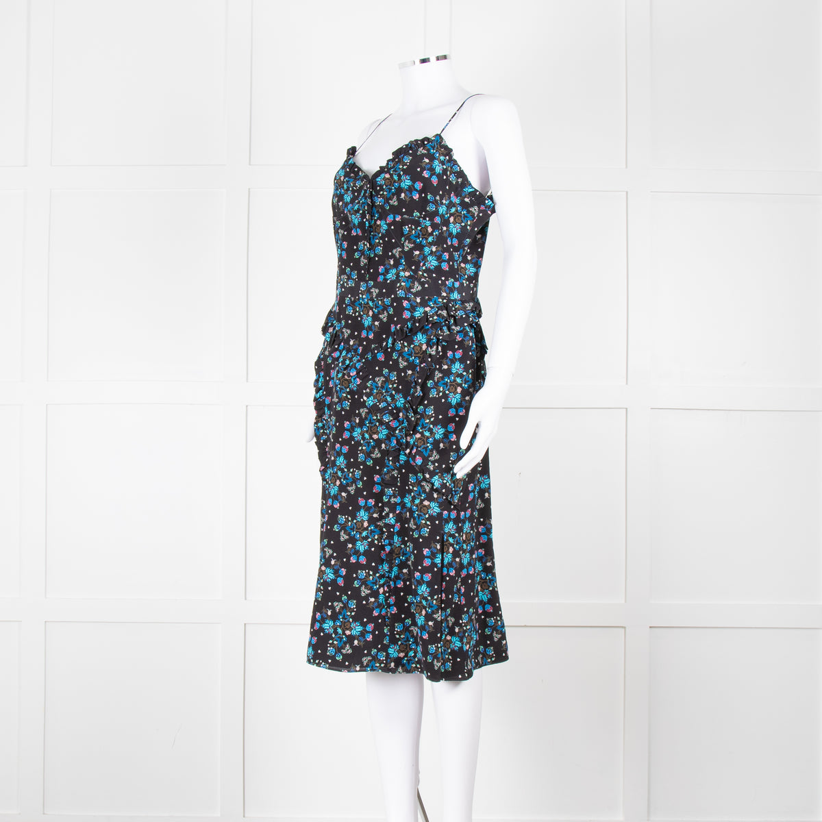 Altuzarra Black Blue Floral Frill Detail Sleeveless Dress
