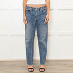 Re/Done Blue Wash Straight Leg Jeans With Distressed Hem