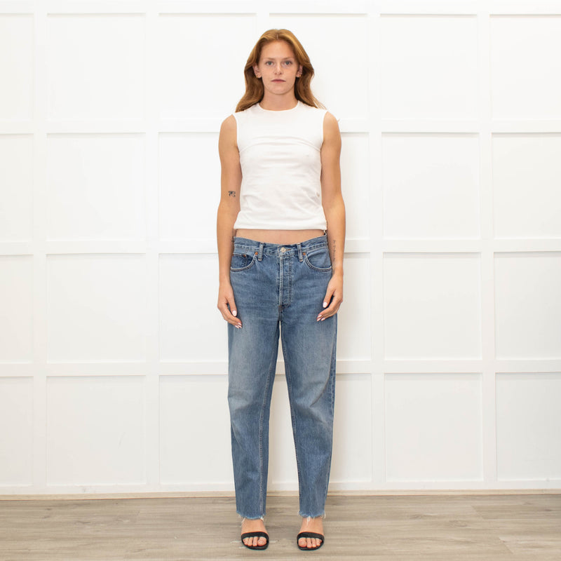 Re/Done Blue Wash Straight Leg Jeans With Distressed Hem