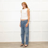 Re/Done Blue Wash Straight Leg Jeans With Distressed Hem
