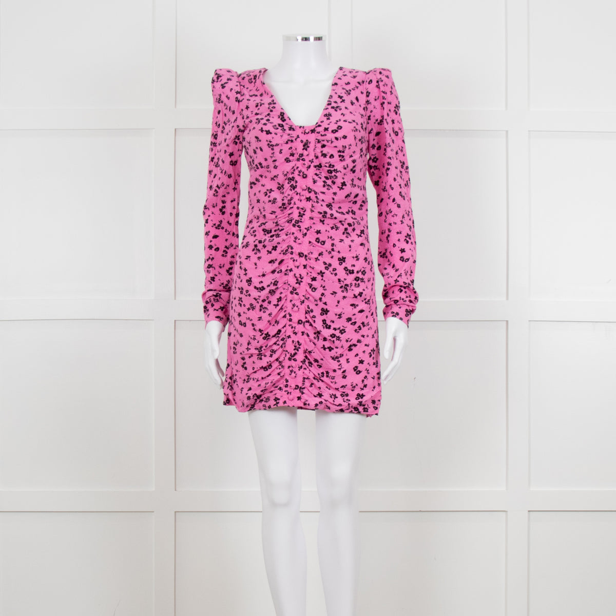 Rotate Pink and Black Floral Longsleeve Ruched Mini Dress