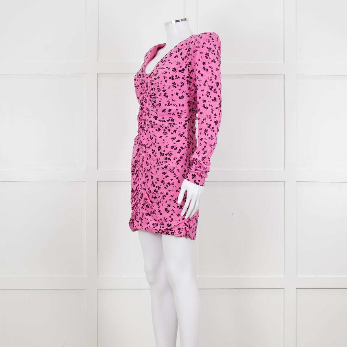 Rotate Pink and Black Floral Longsleeve Ruched Mini Dress