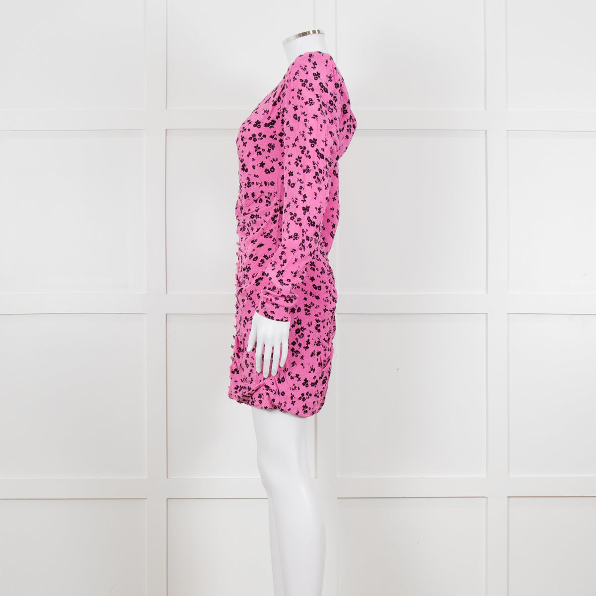 Rotate Pink and Black Floral Longsleeve Ruched Mini Dress