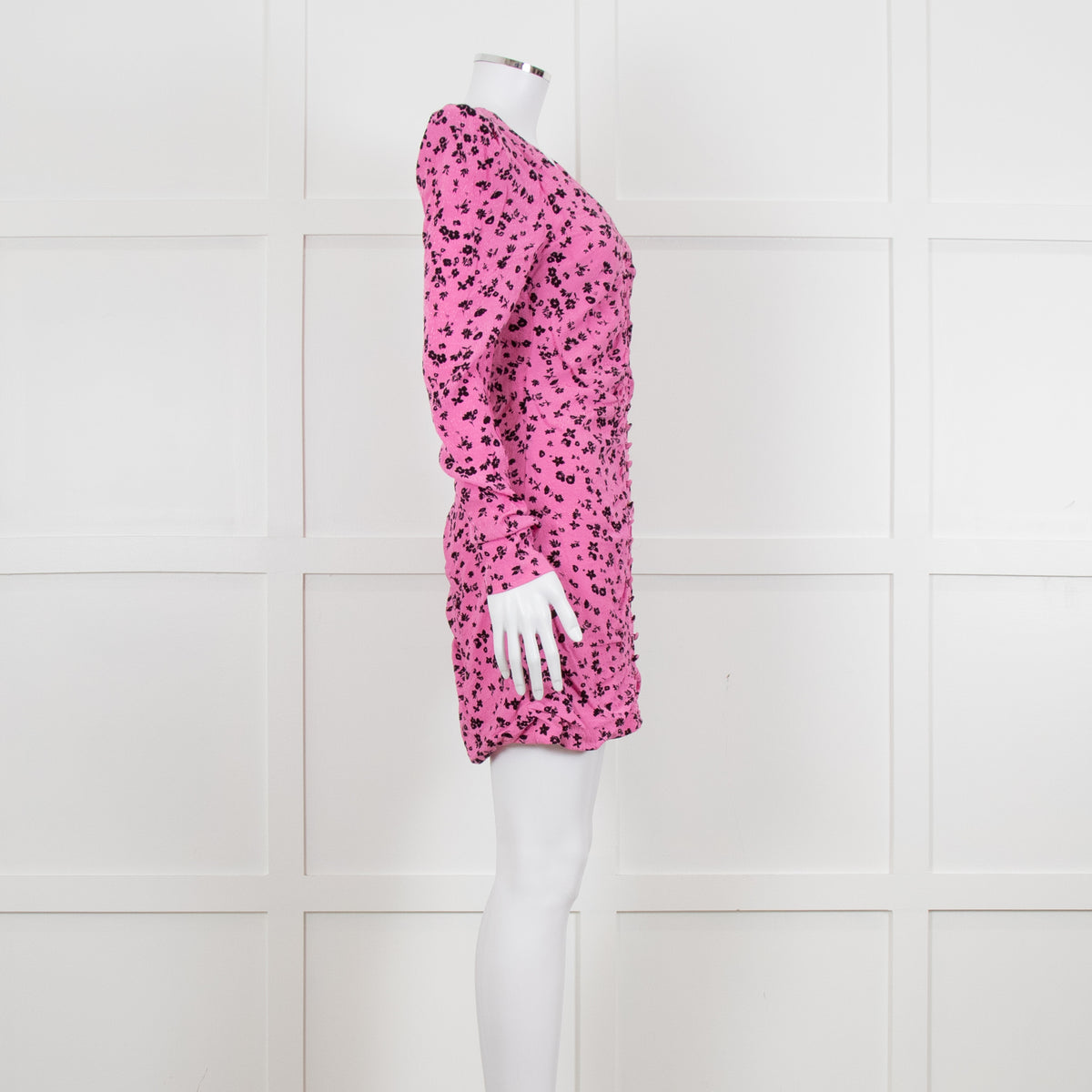 Rotate Pink and Black Floral Longsleeve Ruched Mini Dress