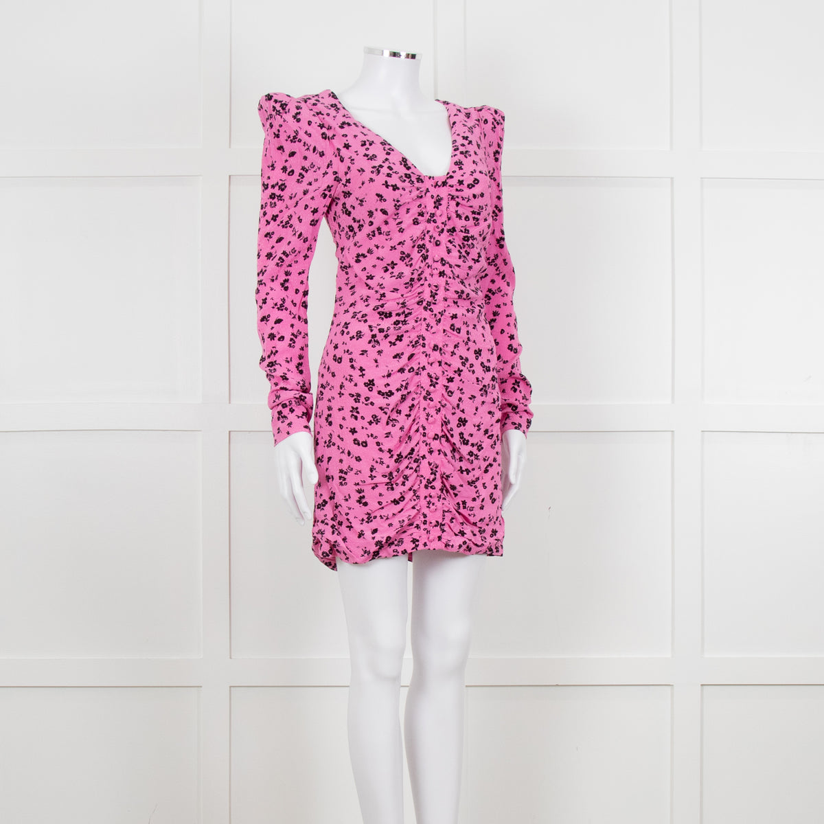 Rotate Pink and Black Floral Longsleeve Ruched Mini Dress