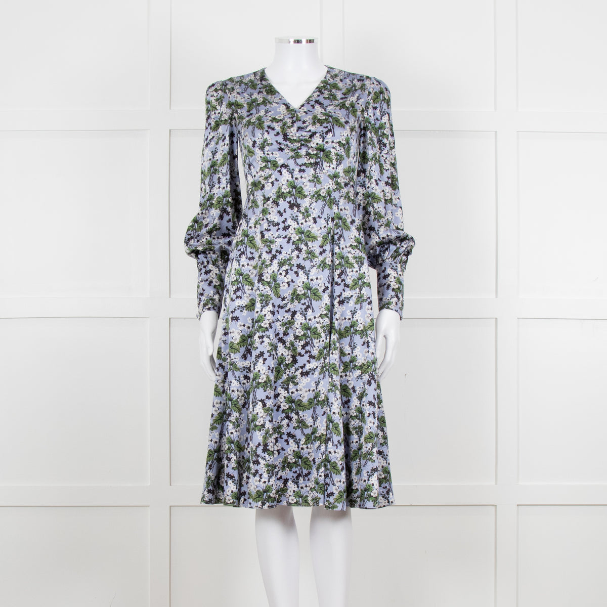 Erdem V Neck Blue Floral Silk Satin Midi Orisis Dress