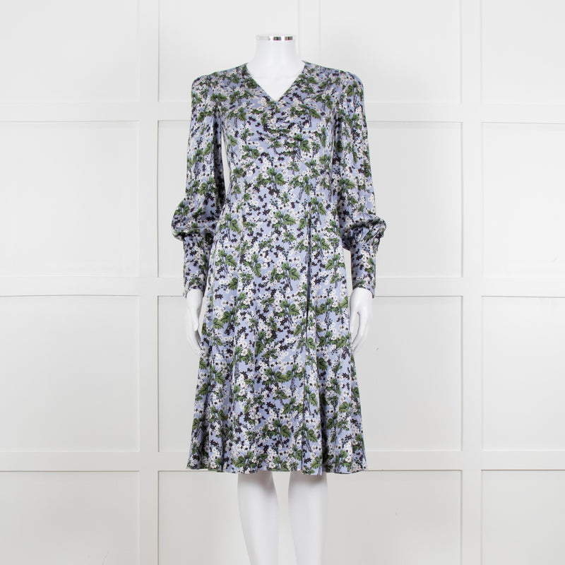 Erdem V Neck Blue Floral Silk Satin Midi Orisis Dress
