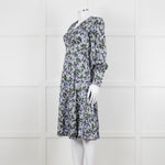 Erdem V Neck Blue Floral Silk Satin Midi Orisis Dress