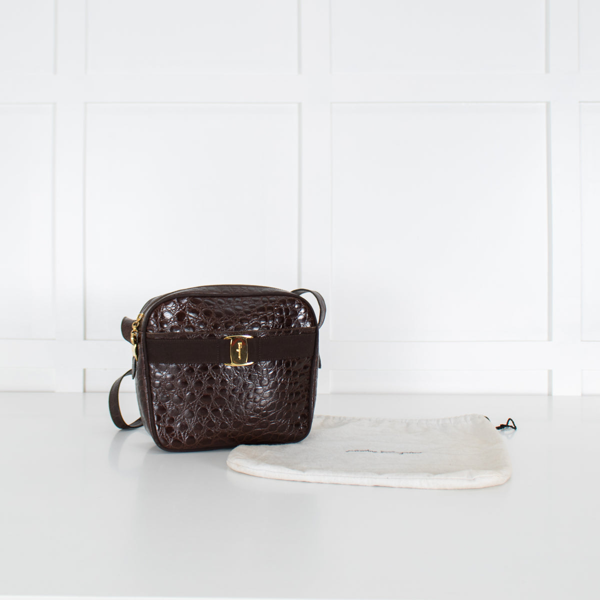 Salvatore Ferragamo Brown Croc Vintage Shoulder Bag