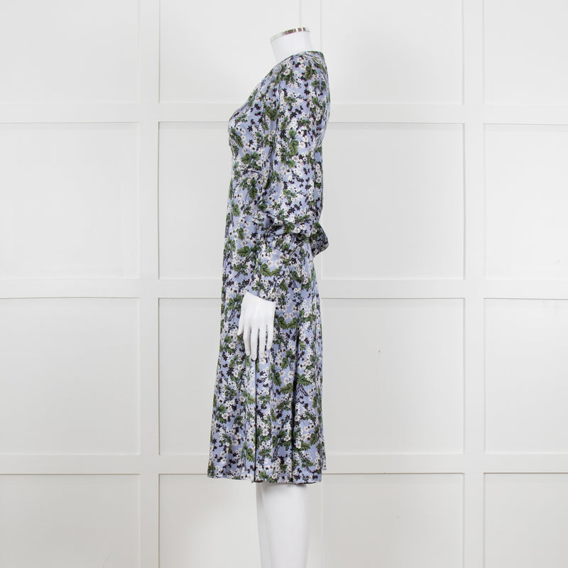 Erdem V Neck Blue Floral Silk Satin Midi Orisis Dress