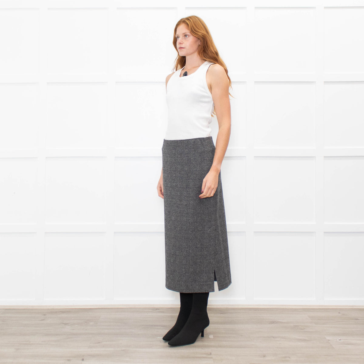 Vince Grey Check Stretchy Midi Skirt