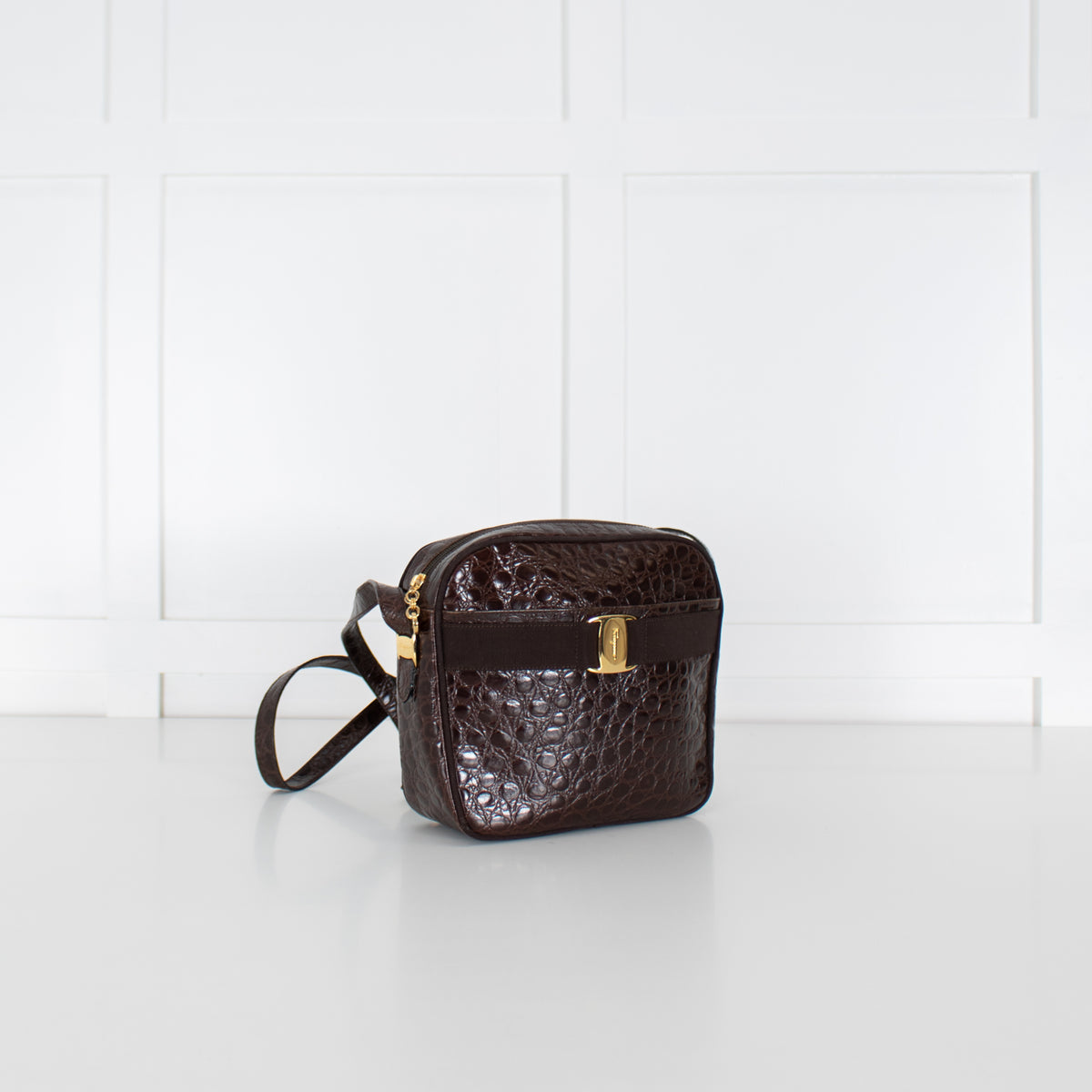 Salvatore Ferragamo Brown Croc Vintage Shoulder Bag