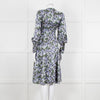 Erdem V Neck Blue Floral Silk Satin Midi Orisis Dress
