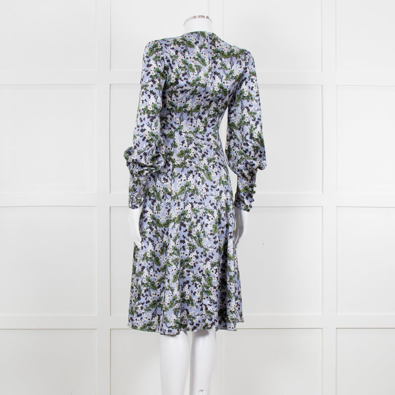 Erdem V Neck Blue Floral Silk Satin Midi Orisis Dress