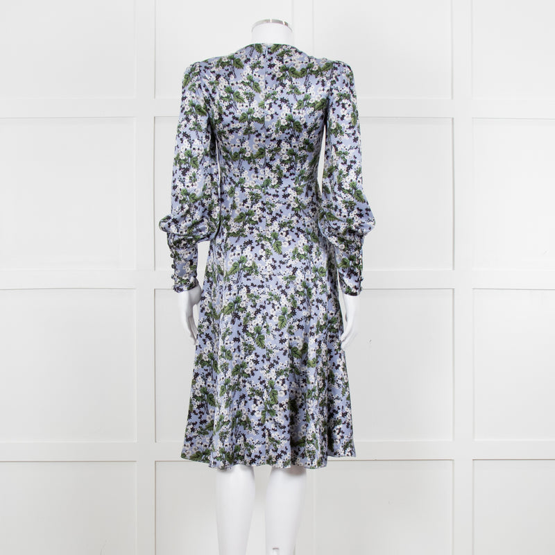 Erdem V Neck Blue Floral Silk Satin Midi Orisis Dress