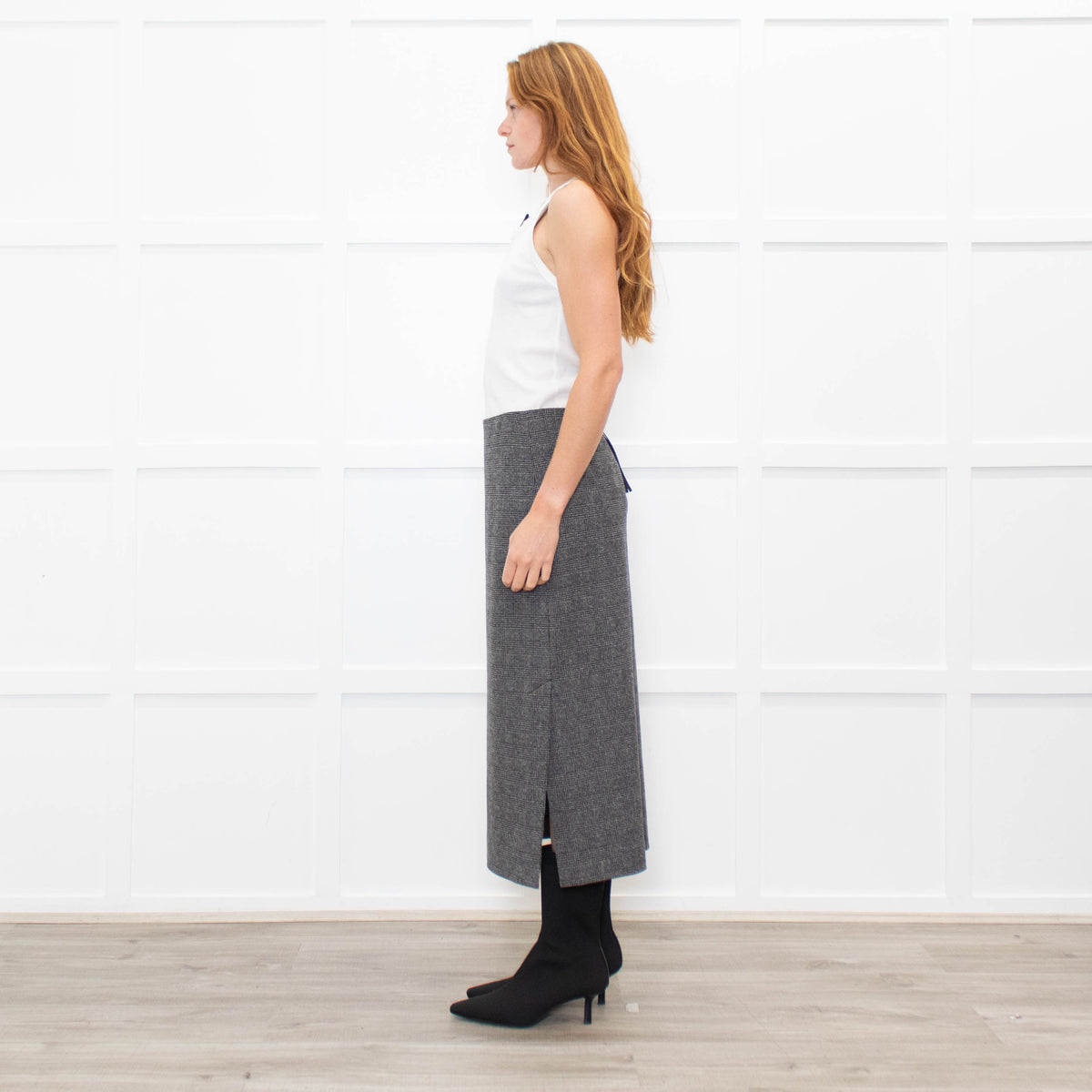 Vince Grey Check Stretchy Midi Skirt