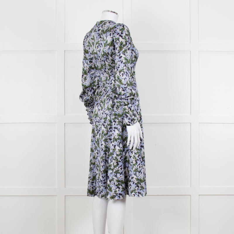 Erdem V Neck Blue Floral Silk Satin Midi Orisis Dress