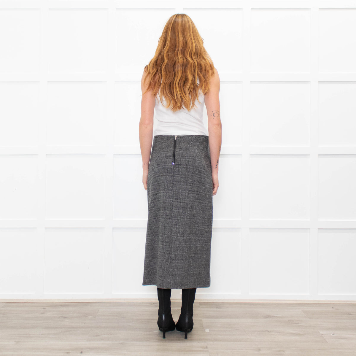 Vince Grey Check Stretchy Midi Skirt