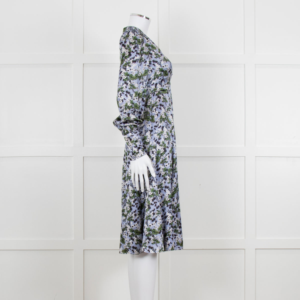 Erdem V Neck Blue Floral Silk Satin Midi Orisis Dress