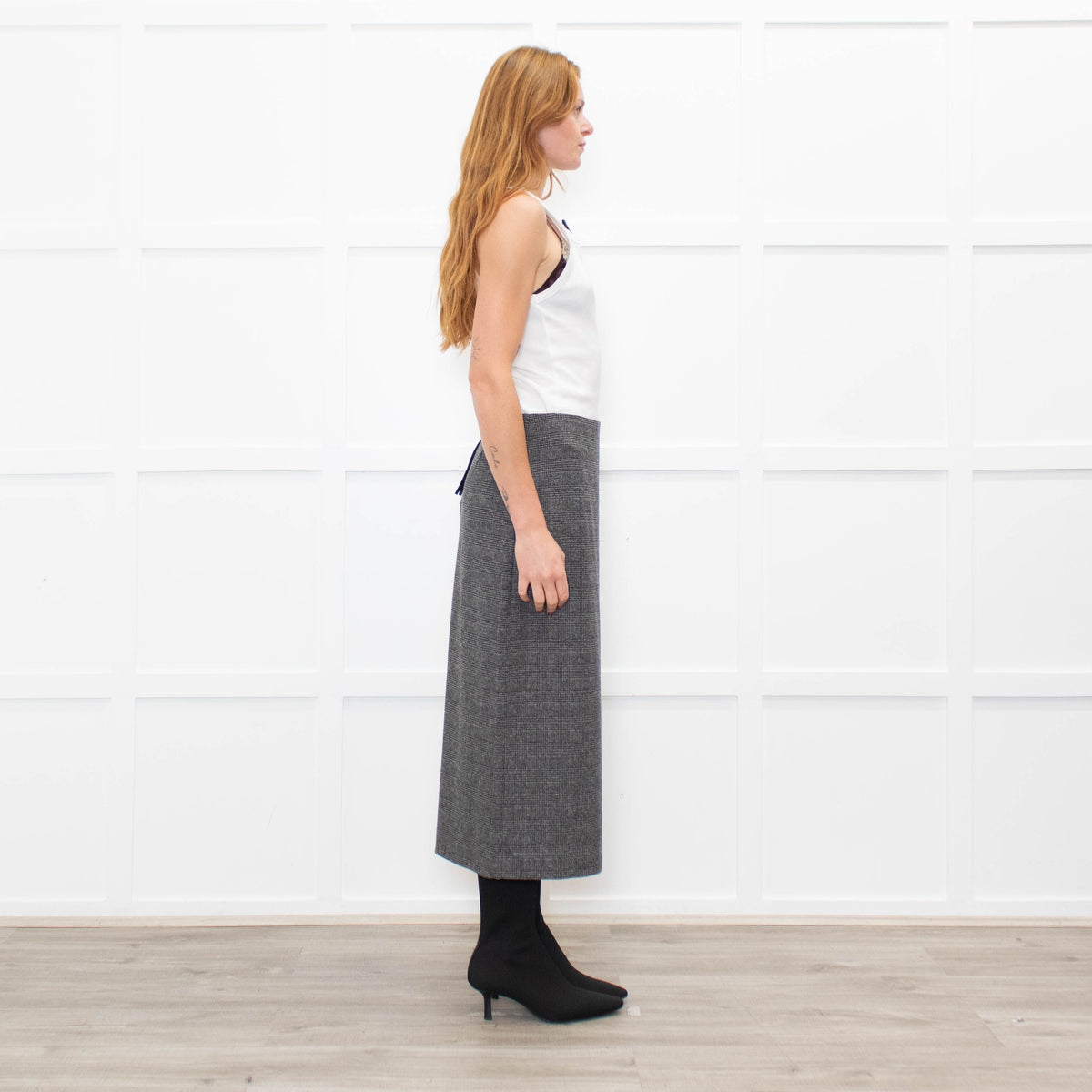 Vince Grey Check Stretchy Midi Skirt